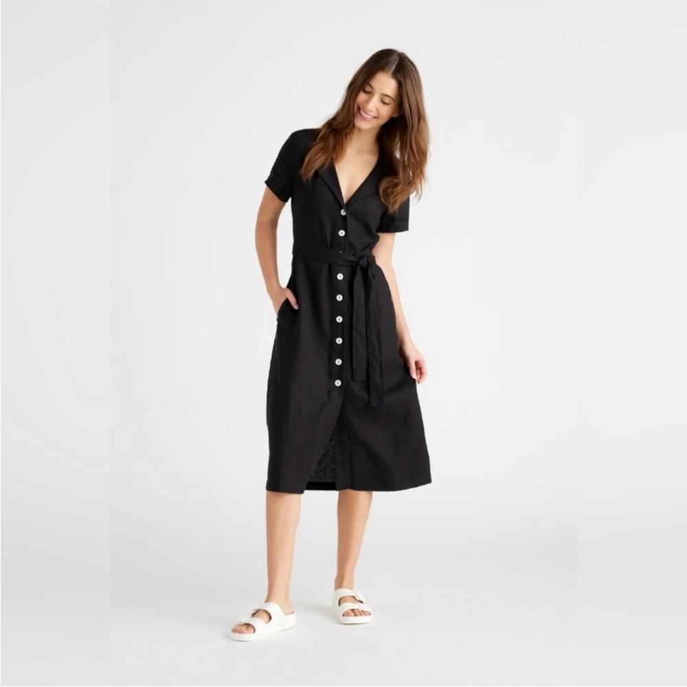 Quince Linen Black Button-Down Dress XS